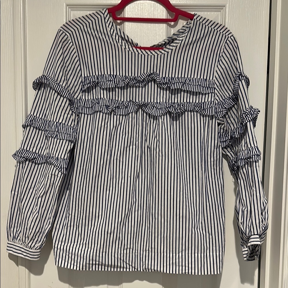 J. Crew Black and White Striped Ruffle Blouse